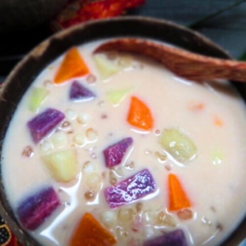 bubur cha cha recipe in a coconut shell