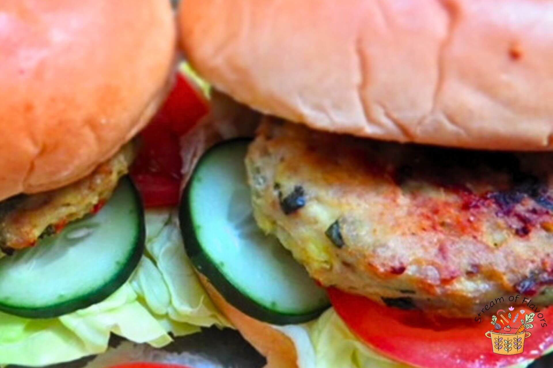chicken burgers recipe with tomato and cucumber slices