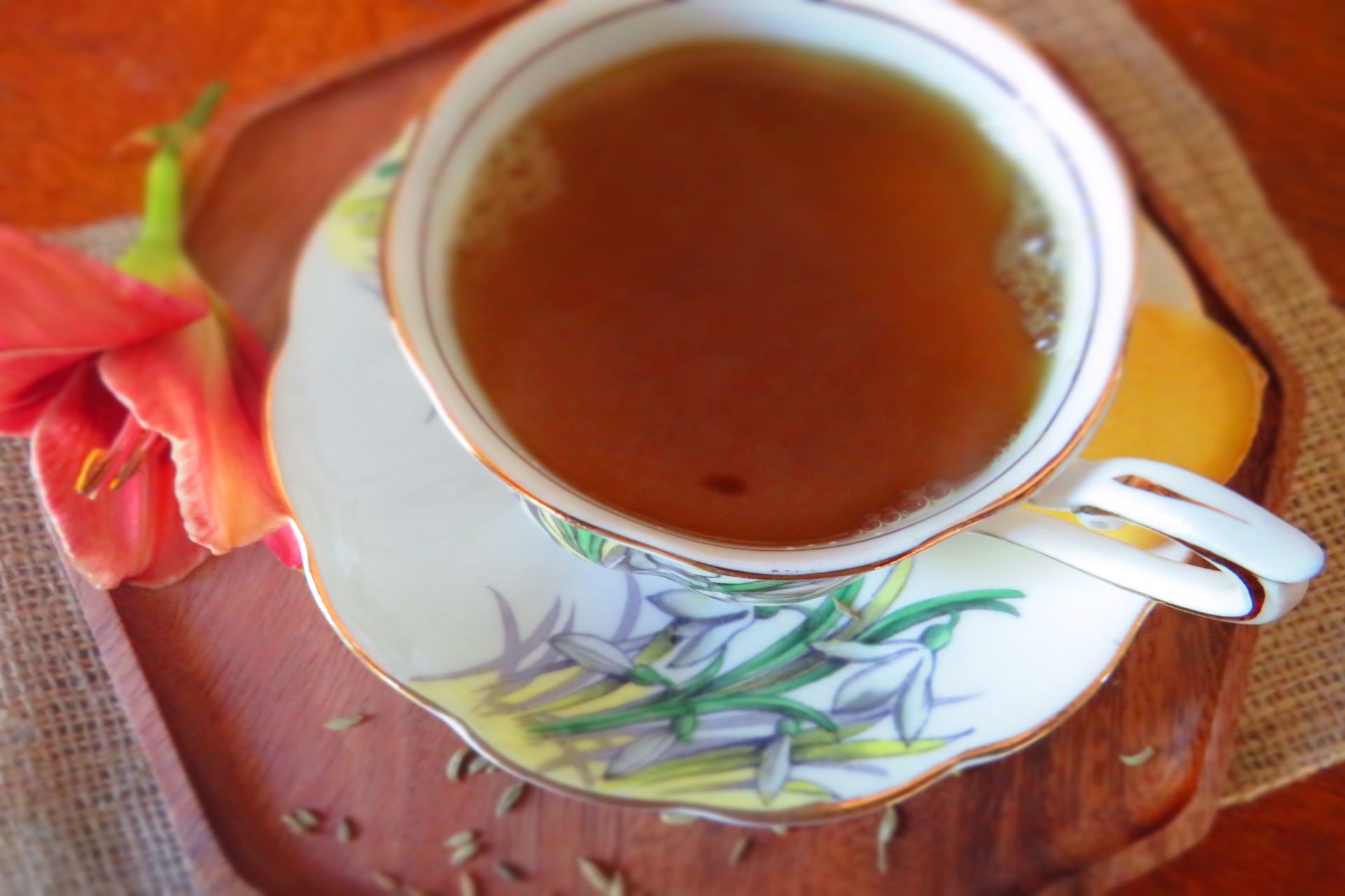 Tea made with fennel, cumin seeds, and ginger