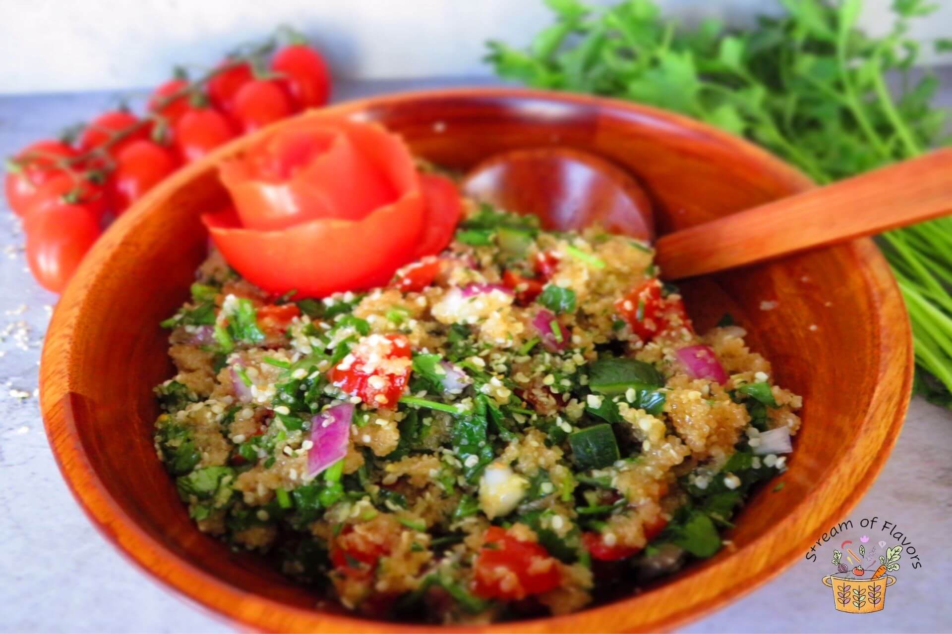 Tabbouleh with amaranth in a bowl