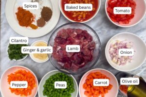 measured ingredients in bowls for the Indian lamb stew