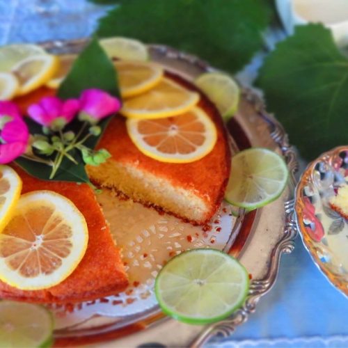 A slice of Greek Semolina Cake on a plate