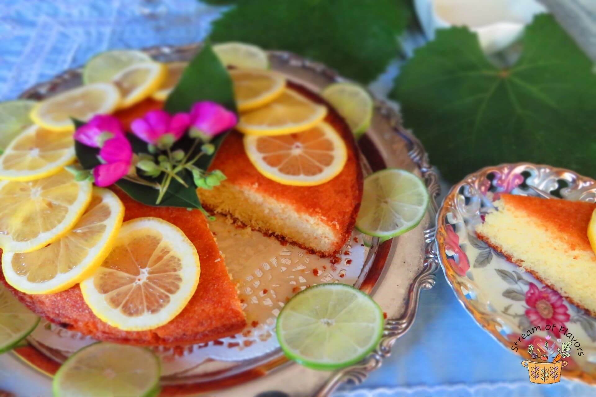 Greek Semolina Cake slice with lemon syrup on a plate