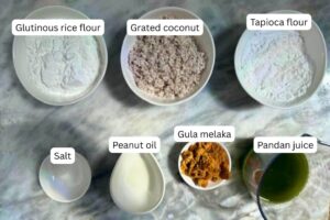 measured ingredients in bowls for the ondeh ondeh recipe