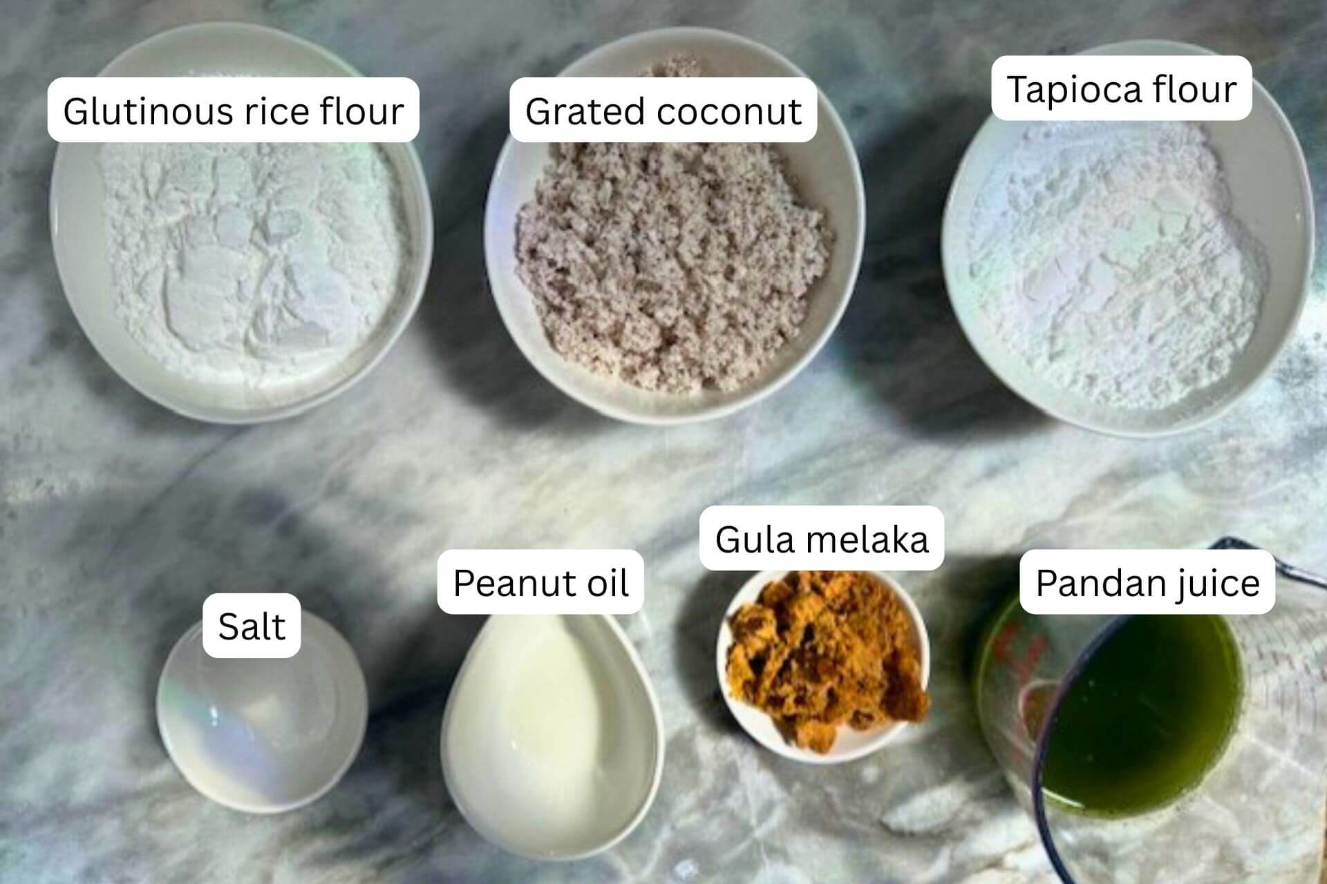 measured ingredients in bowls for the ondeh ondeh recipe