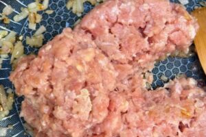 onions and ground chicken in a pan