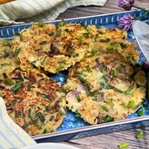 German potato pancakes recipe on a blue tray