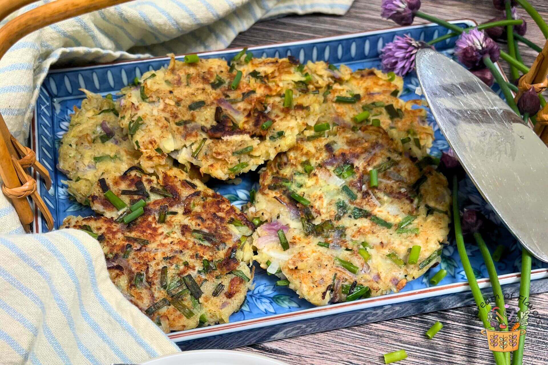 German potato pancakes recipe on a blue tray