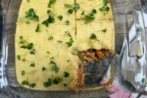 ground chicken shepherd's pie in a tray