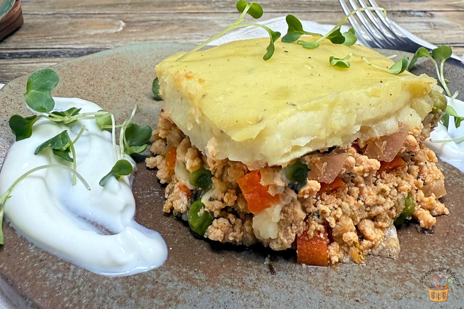 ground chicken shepherd's pie with Greek yogurt