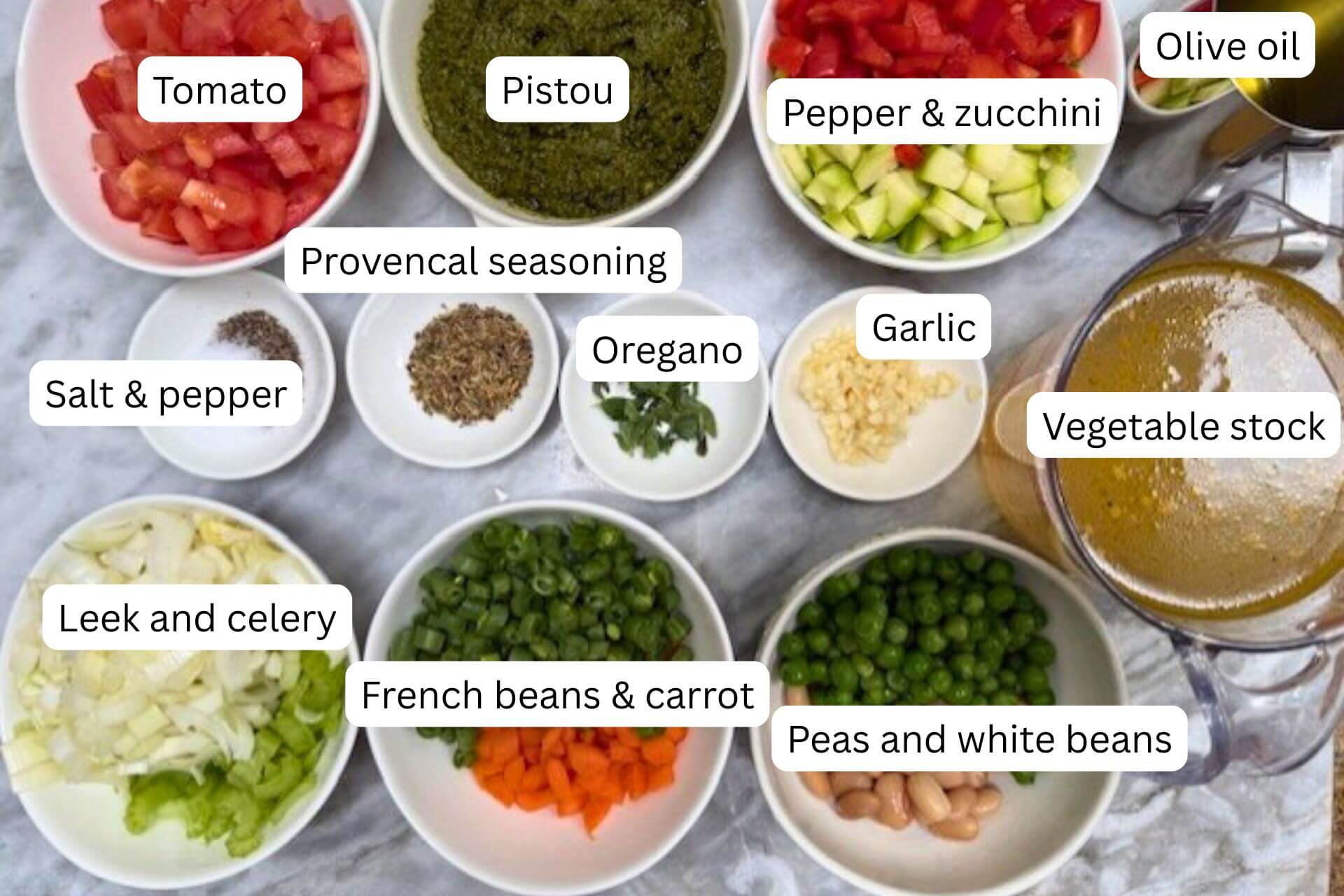 measured ingredients in bowls