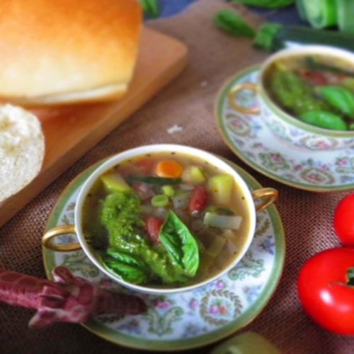Provencal vegetable soup with pistou in a bowl