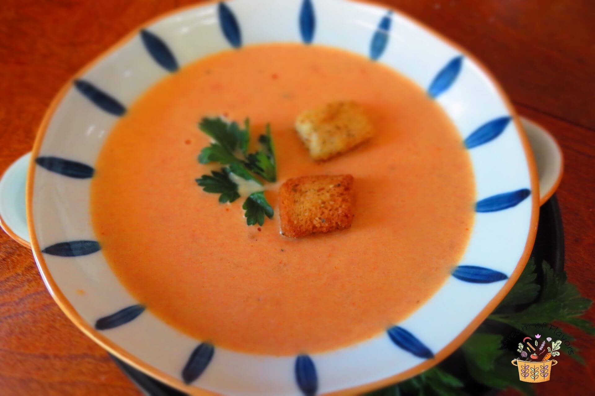 Simple tomato soup with croutons in a bowl