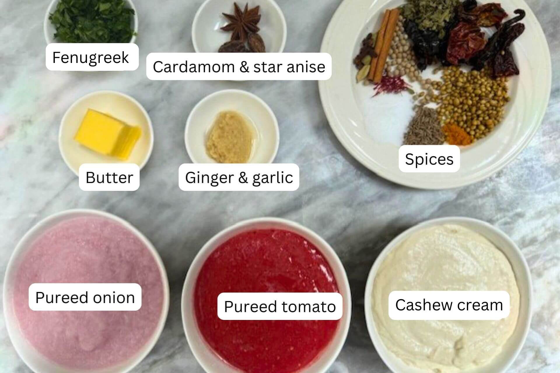 measured ingredients for the spice mixture and sauce