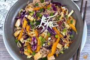 vegetable chow mein recipe in a brown plate