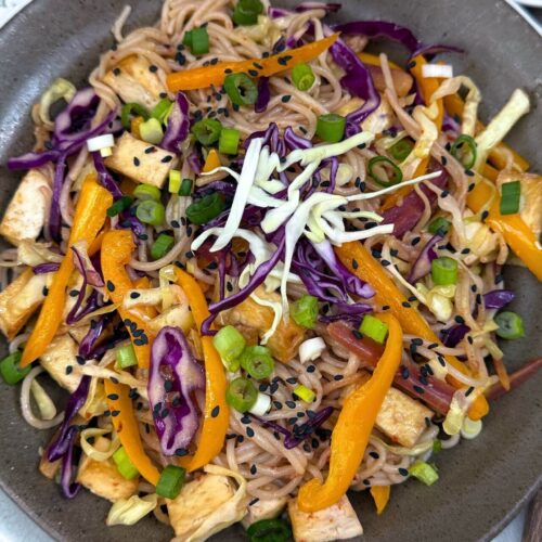 vegetable chow mein recipe in a brown plate