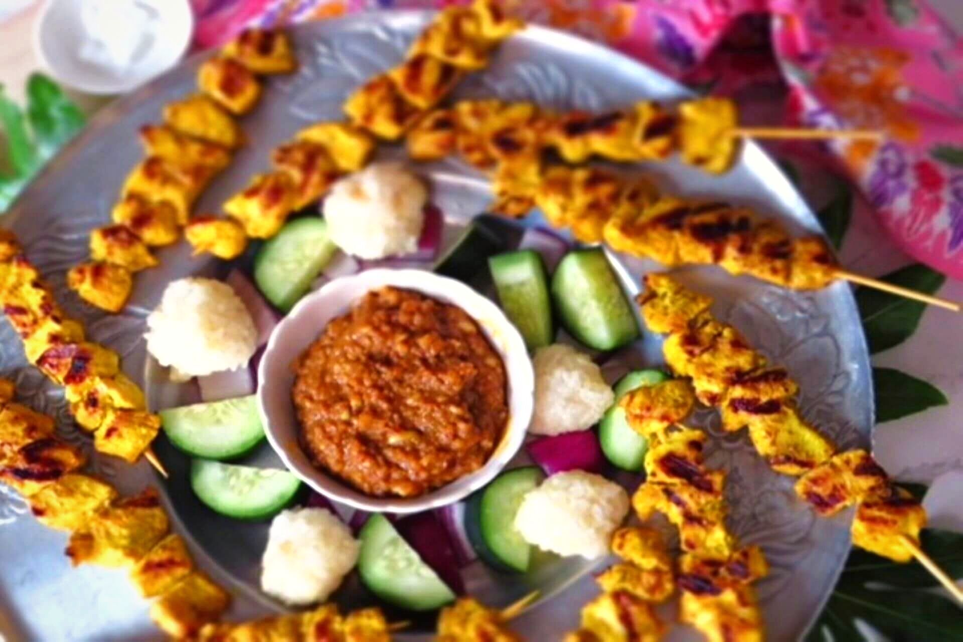 Malaysian Chicken Satay with peanut sauce and cucumber