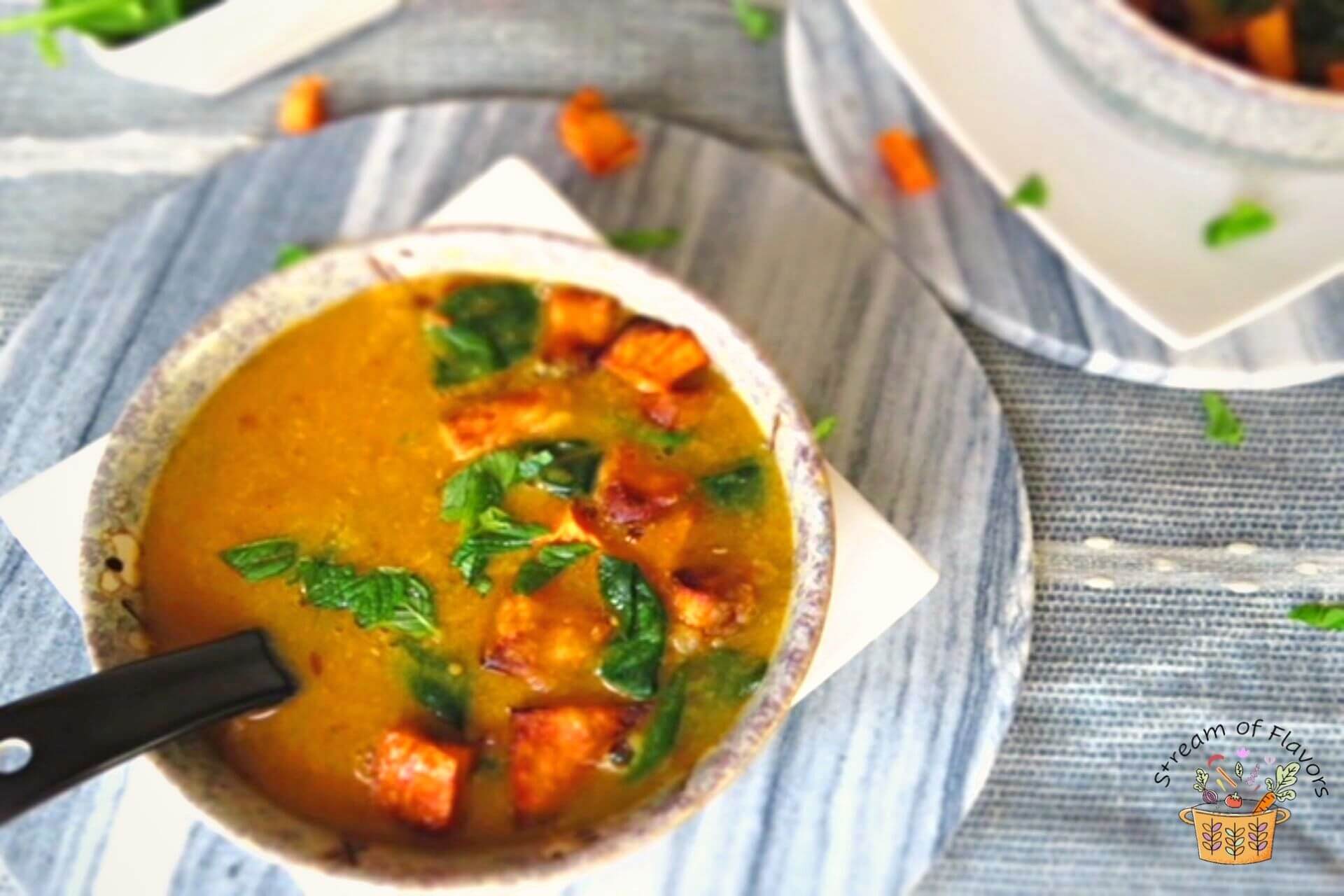 Moroccan red lentil soup in a bowl