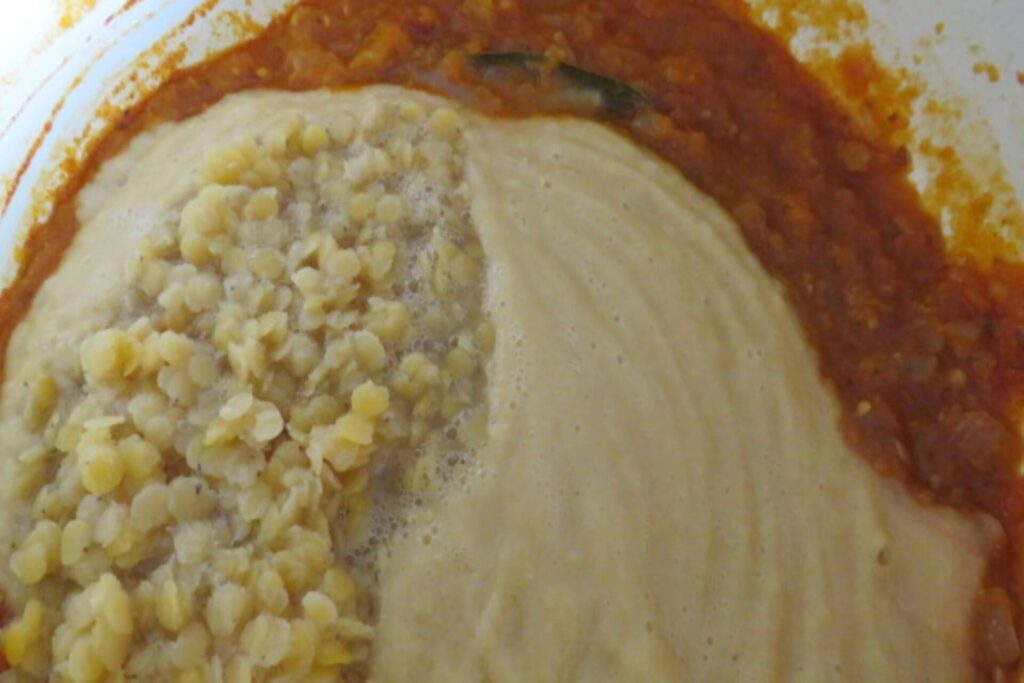 red lentils added to the tomato puree