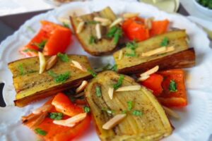 eggplant and peppers roasted on a plate