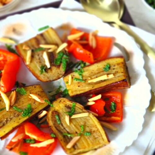 roasted eggplant and peppers on a plate