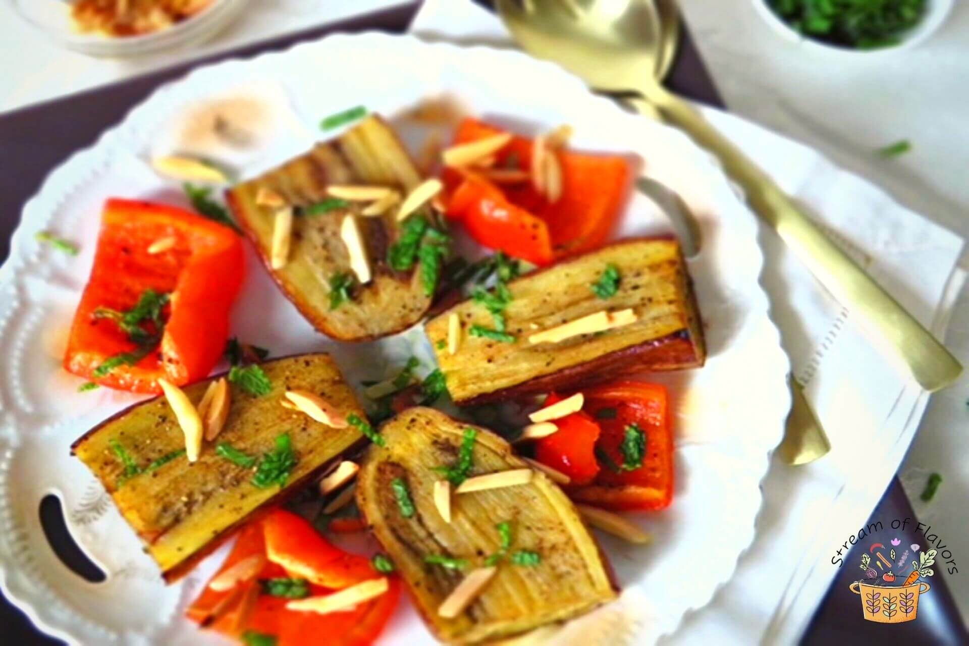 roasted eggplant and peppers on a plate