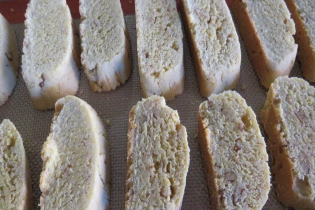 walnut biscotti slices on a baling tray