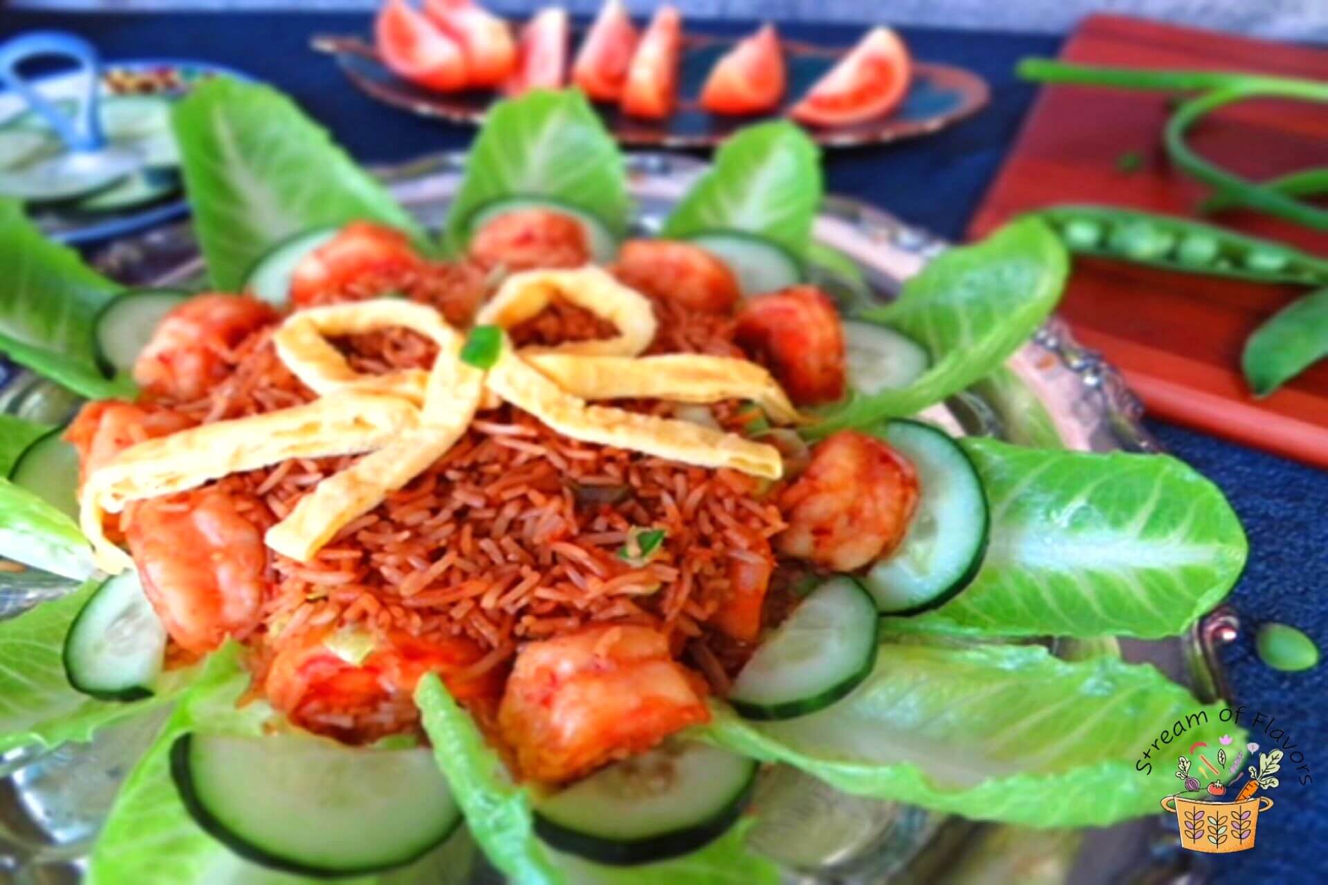prawn nasi goreng with lettuce and cucumber slices