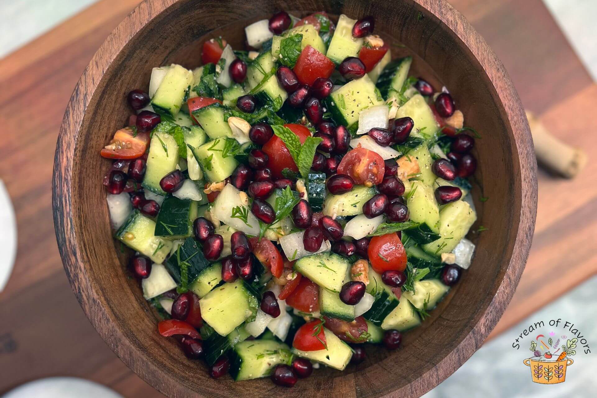 Shirazi salad recipe in a wooden bowl