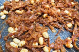 sambal with ikan bilis and peanuts in a pan