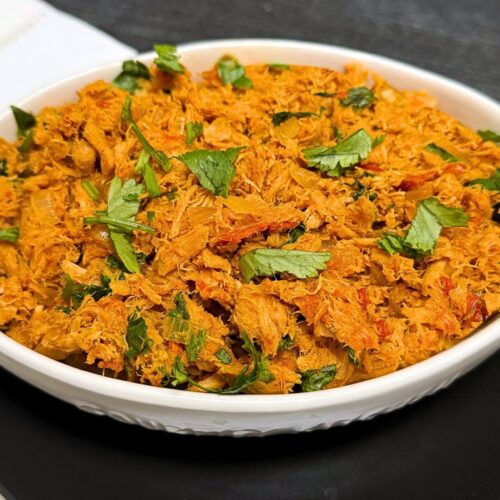 tuna fish masala in a white bowl