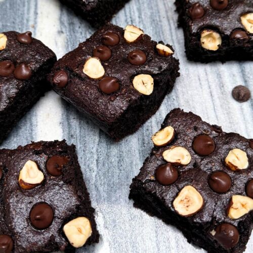 avocado brownie recipe slices on a marble tray