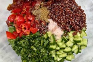 ingredients for tabbouleh with quinoa in a bowl