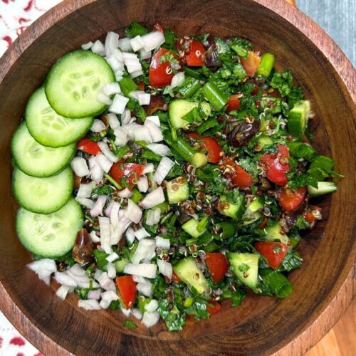 tabbouleh with quinoa with cucumber slices