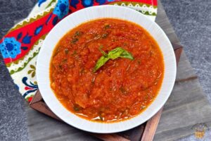 quick marinara sauce garnished with basil