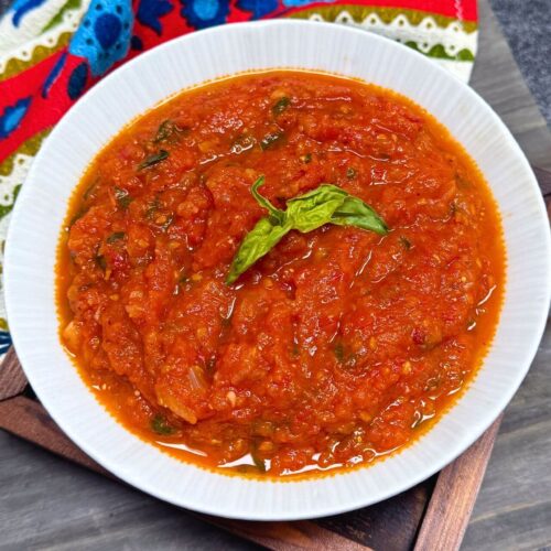quick marinara sauce garnished with basil
