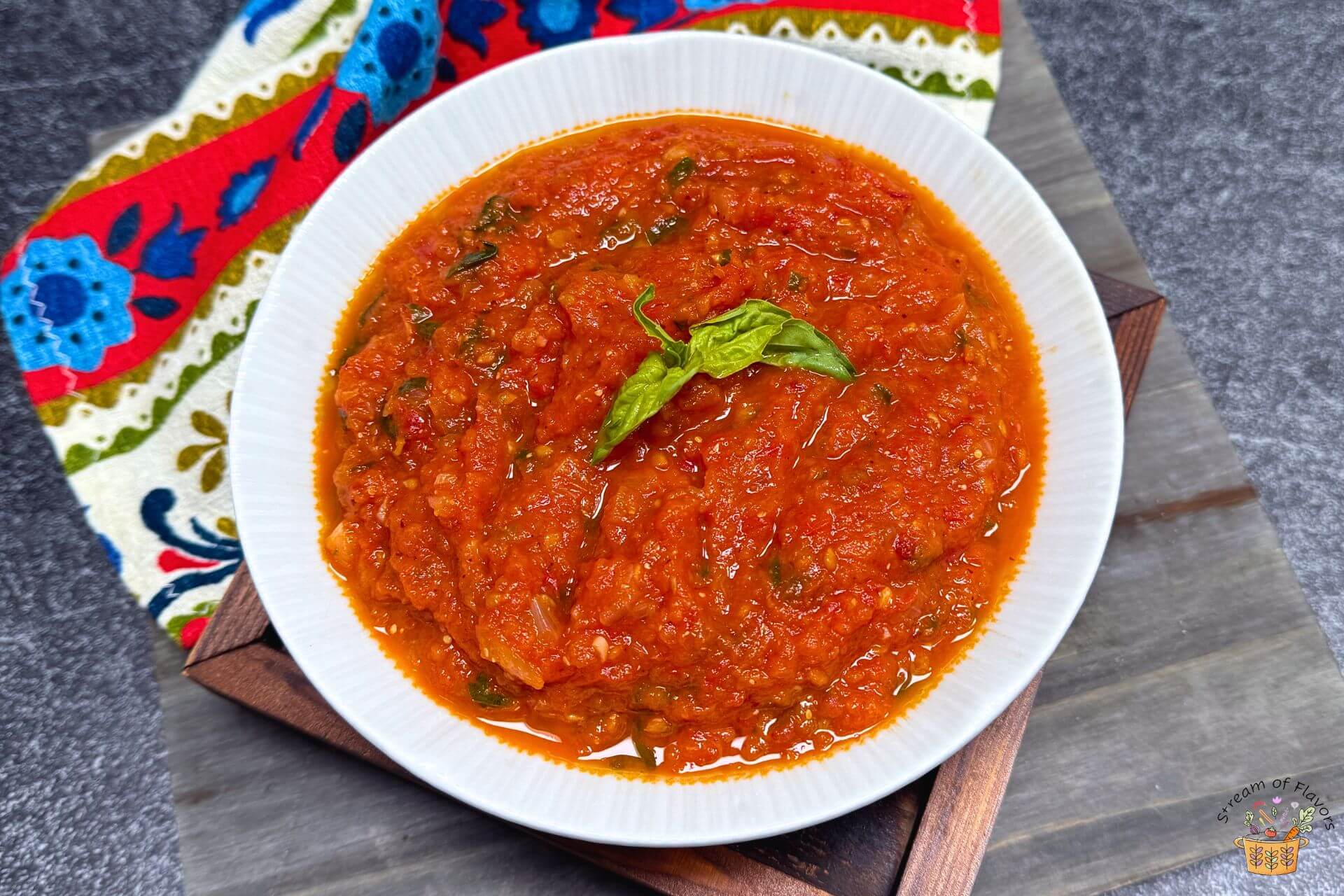 quick marinara sauce garnished with basil