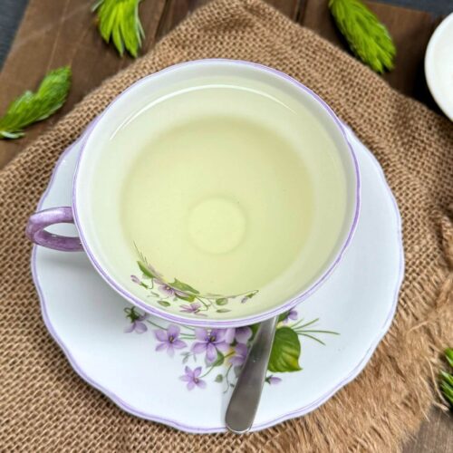 spruce tea in a white cup with honey on the side