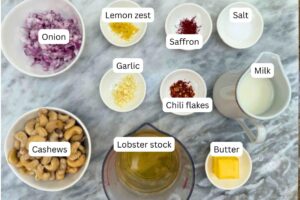 measured ingredients in bowls for the cashew saffron sauce