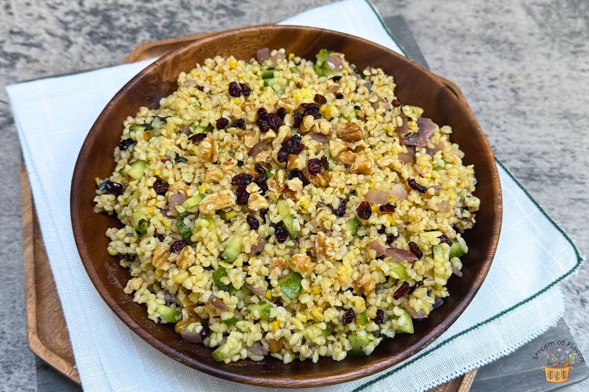 bulgur salad recipe in a wooden bowl