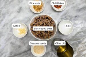 measured ingredients in bowls for the black-eyed pea dip