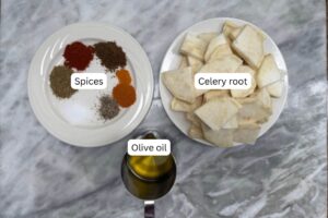 measured ingredients in bowls for the roasted celery root