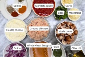 measured ingredients in bowls for the ground chicken lasagna
