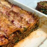 ground chicken lasagna baked and cut in the pan