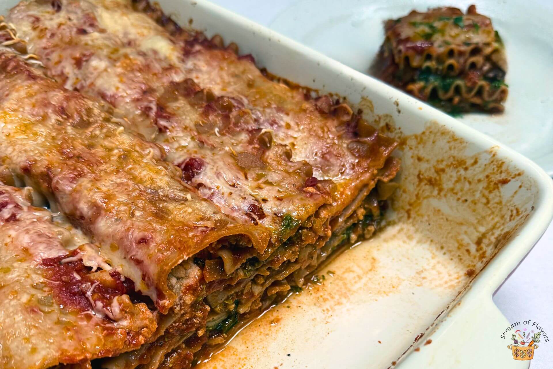 ground chicken lasagna in a baking tray