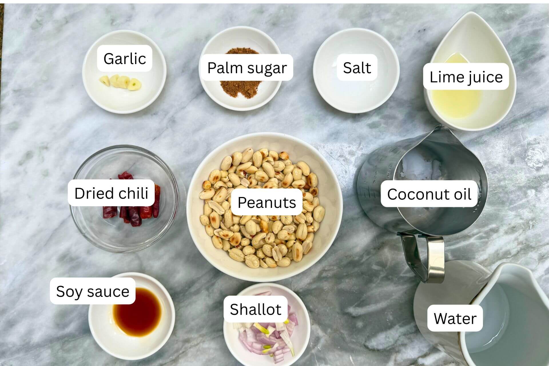 ingredients in bowls for the peanut sauce
