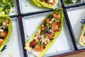 shrimp lettuce wraps in a blue tray