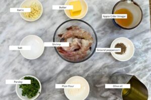 measured ingredients in bowls for the Easy garlic butter shrimp