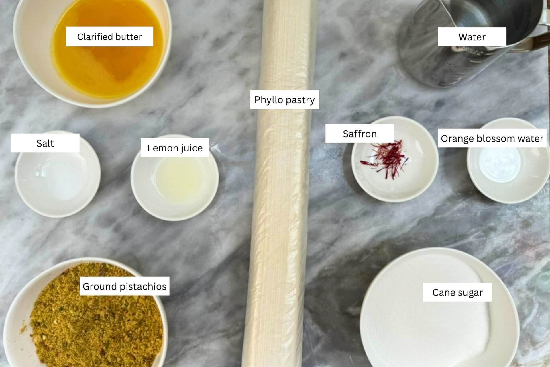 measured ingredient sin bowls for the Lebanese baklava