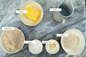 measured ingredients in bowls for the pastry dough